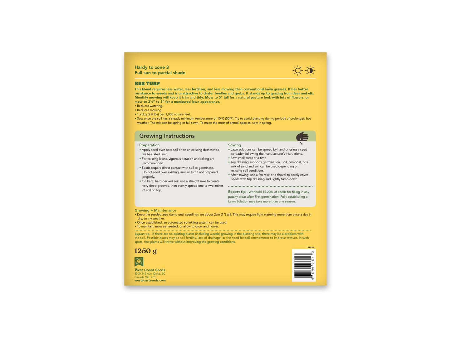 Bee Turf Blend 1250g West Coast Seeds