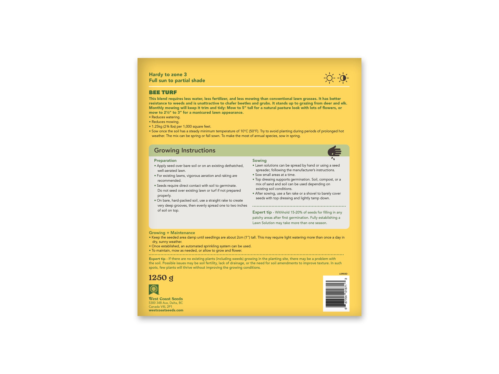 Bee Turf Blend 1250g West Coast Seeds
